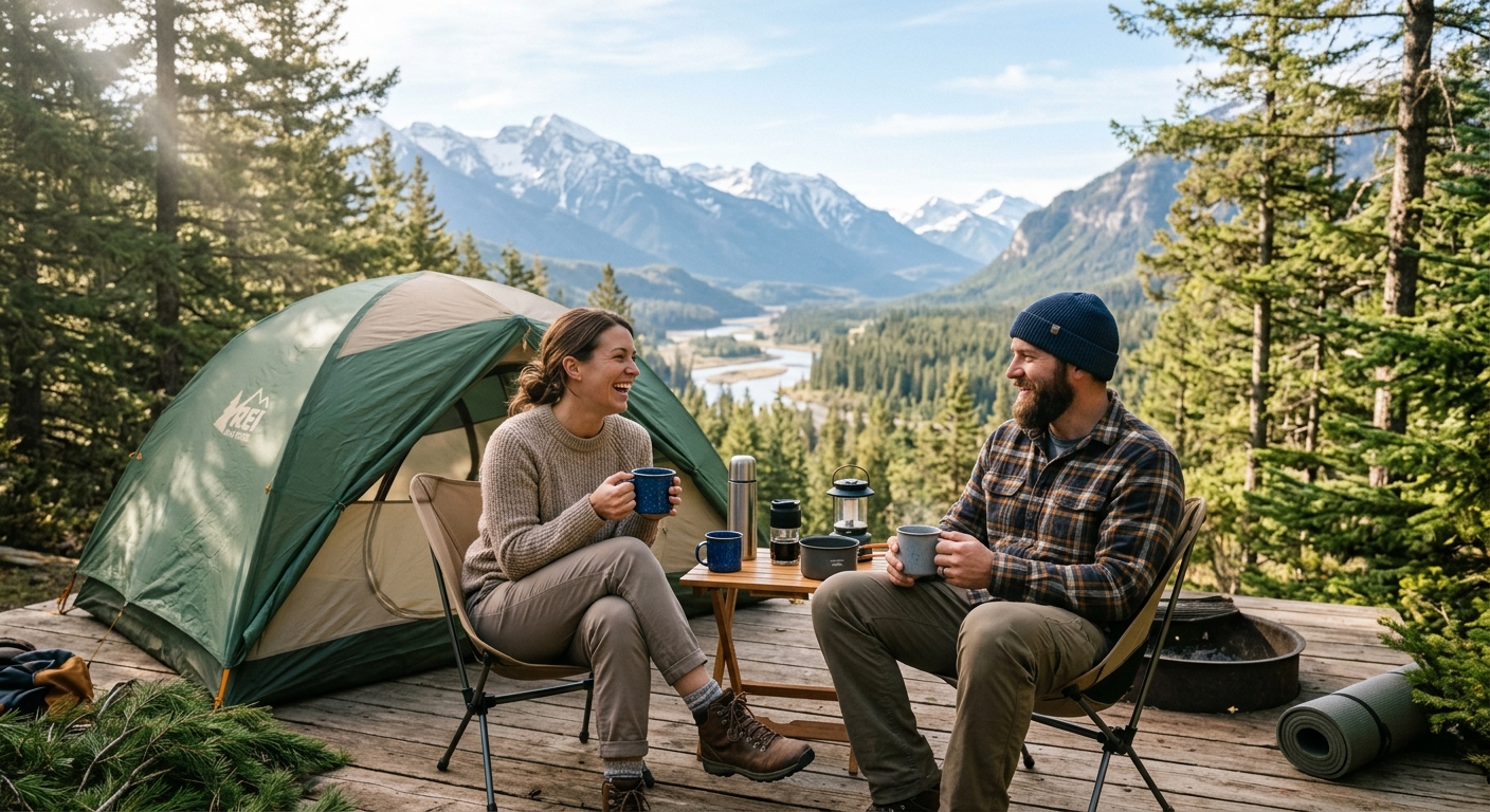 Happy couple enjoying morning coffee at campsite