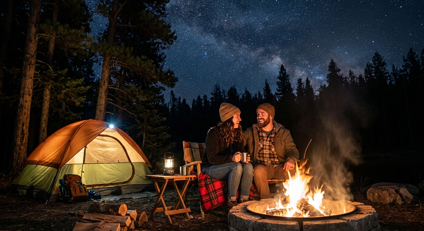 Couple enjoying a campfire at night
