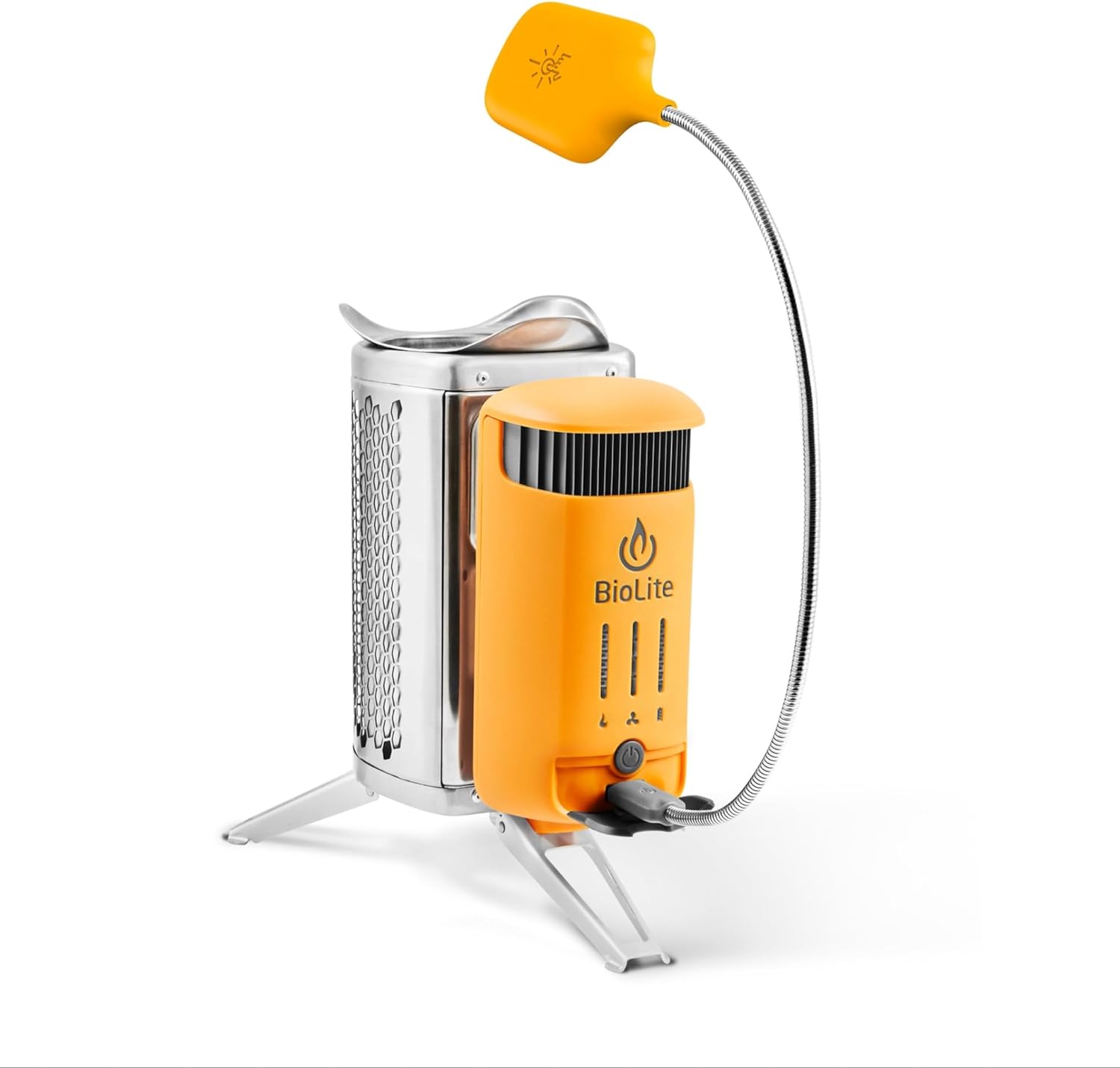 BioLite CampStove 2+ burning wood, with a green power pack attached for charging.