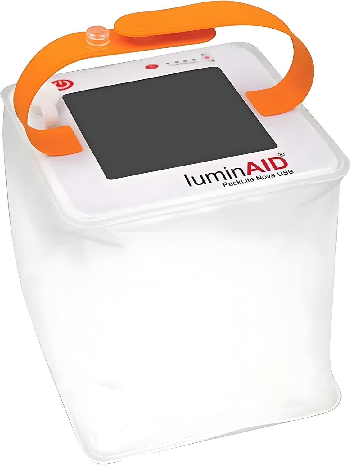 Solar powered camping lantern, collapsible with a handle, charging via a top solar panel.