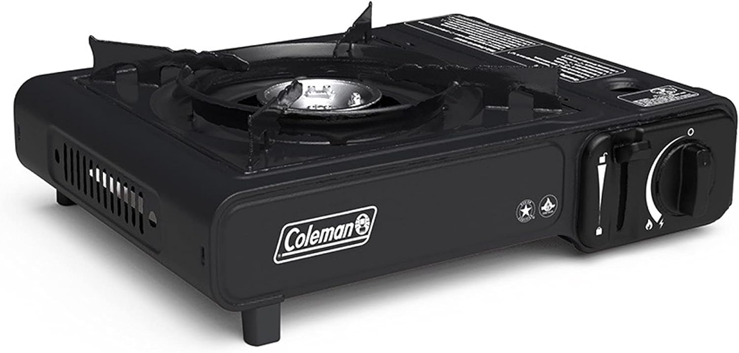 Coleman Peak 1 Butane/Propane Stove, compact with a single burner, ready for outdoor cooking.