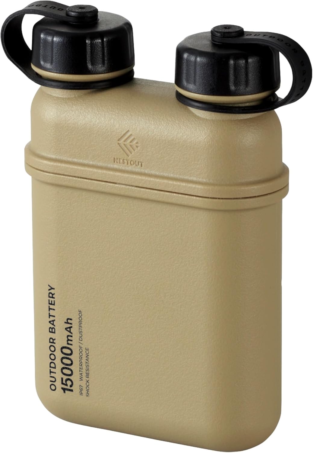 Rugged waterproof solar power bank with solar panels and carabiner clip, suitable for outdoor use.