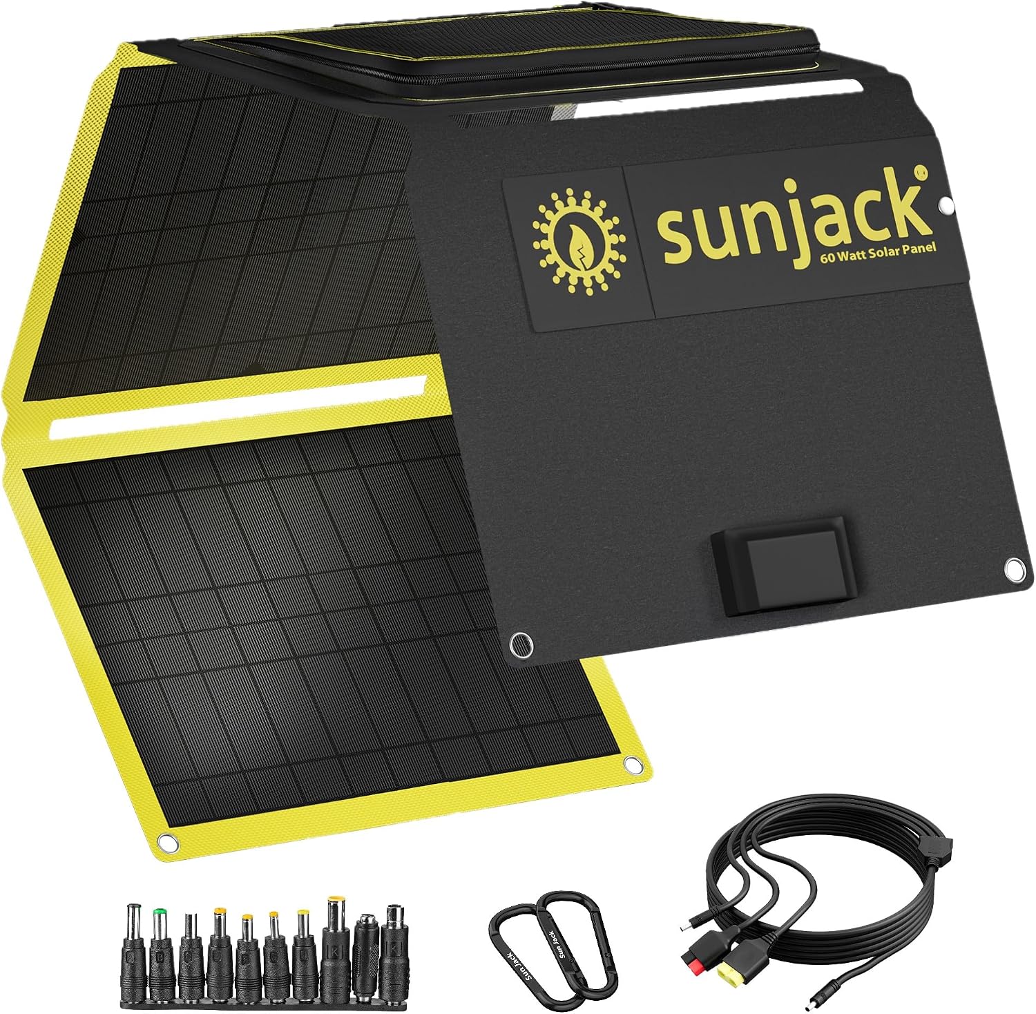 SunJack 60W foldable solar panel unfolded, showing its durable black panels and integrated stand.