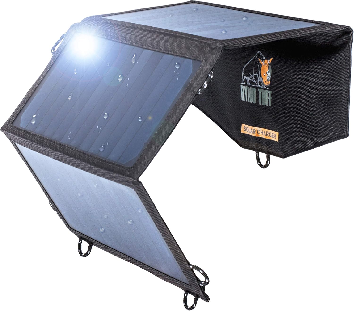 21W foldable solar charger spread out, showing multiple solar panels and USB ports for charging devices.