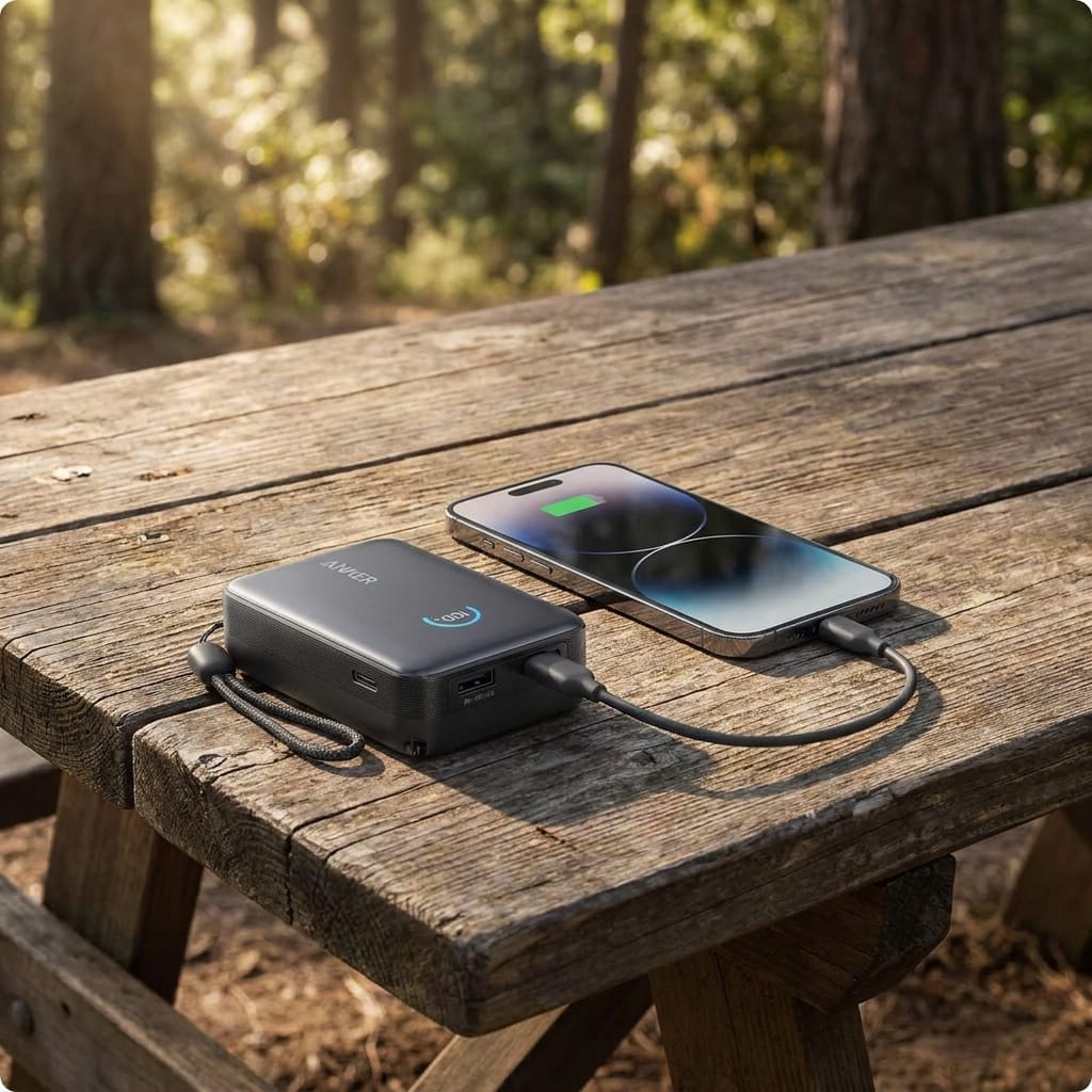 Anker Nano charging a smartphone at a campsite.