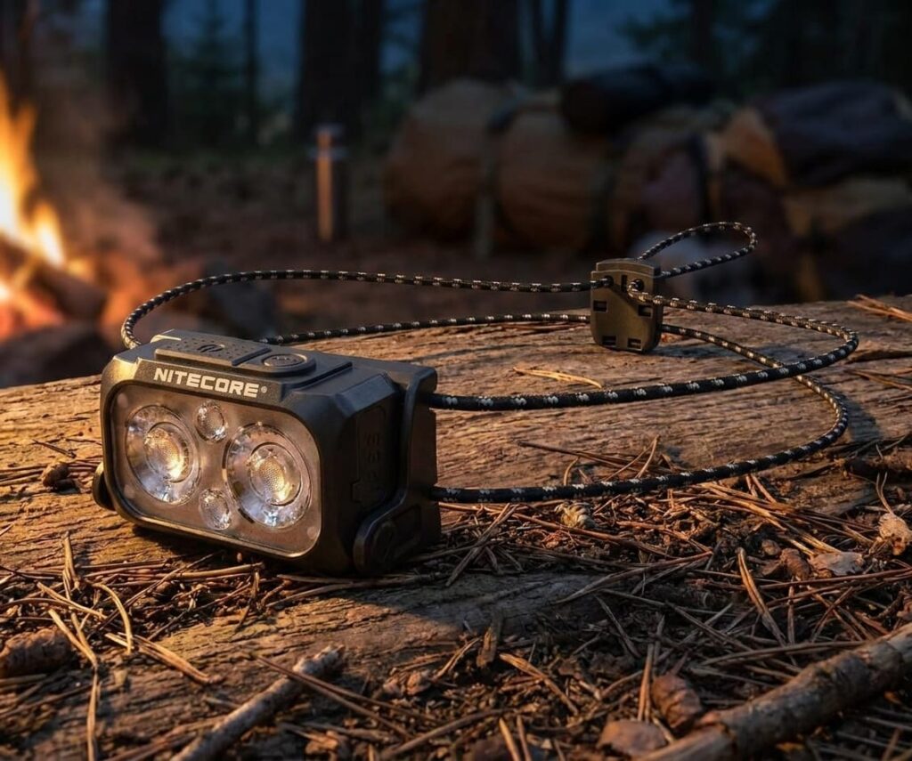 Nitecore NU25 MCT UL 400 Lumen Ultralight Rechargable Headlamp at a campsite.