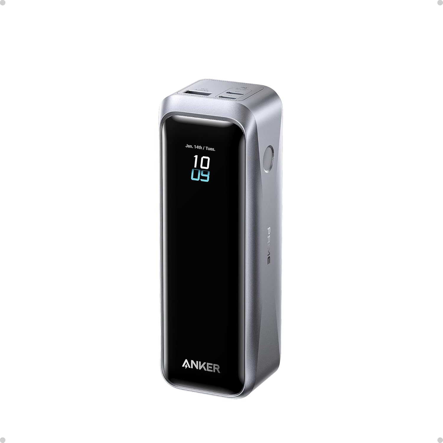 Anker Prime 20000mAh portable power bank for camping charging a laptop.