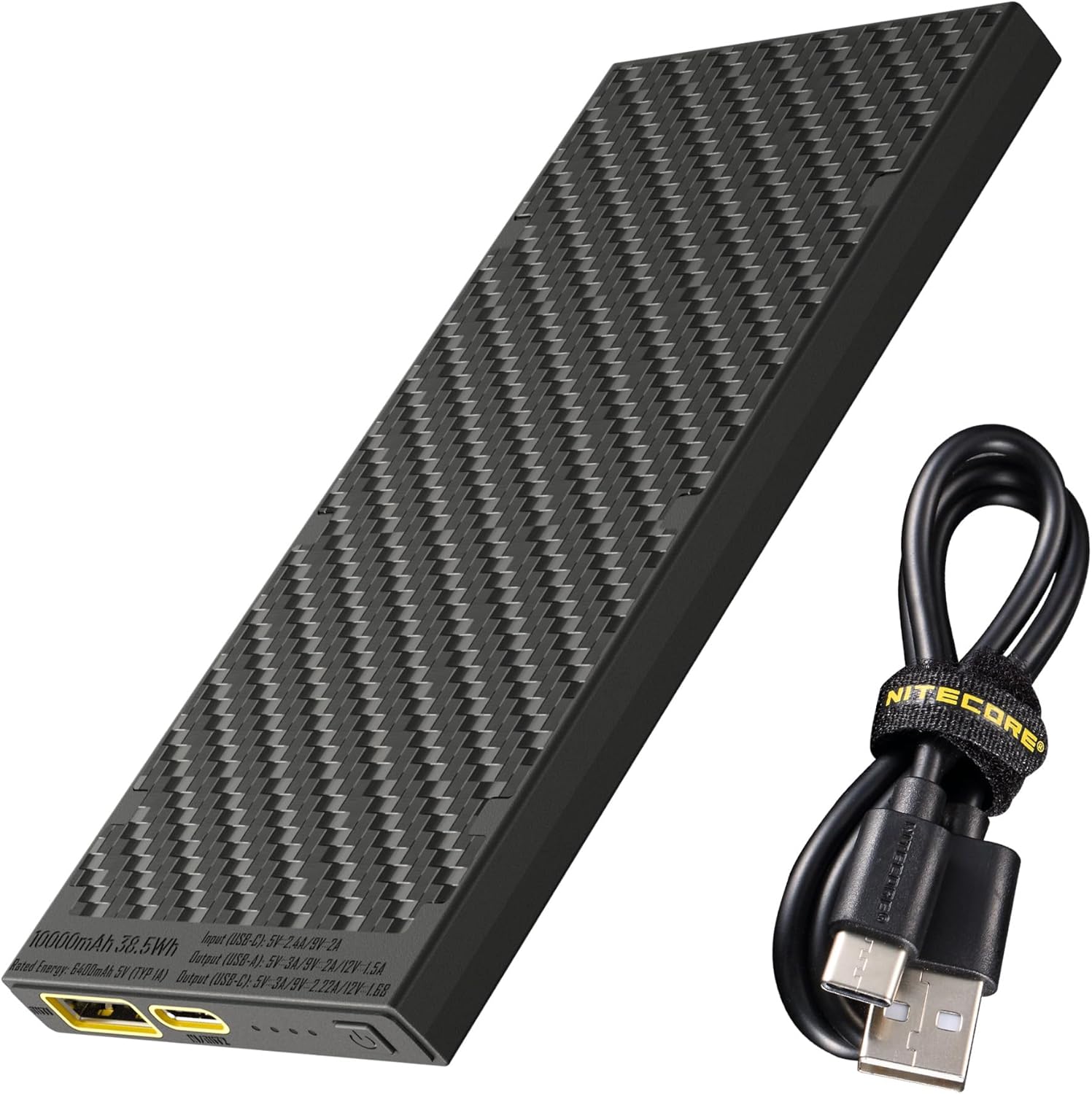 Nitecore ultralight carbon fiber power bank for camping in a backpack.