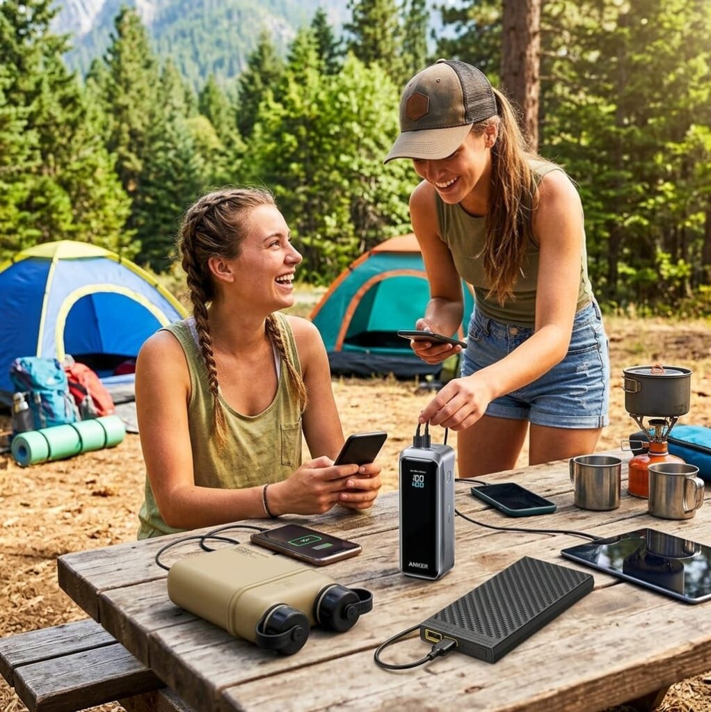 Best Friends Use Power Banks to Charge Devices at Their Campsite.