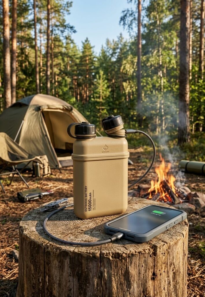 NESTOUT 15,000mAh Charges a Phone  on a Stump by the Campfire.