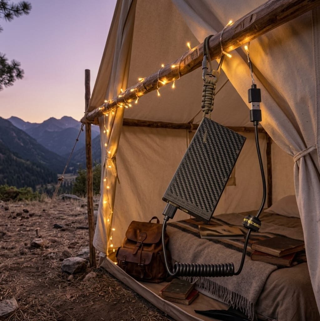 Nitecore NB10000 powers a LED USB Fairy Light String on a Tent.
 