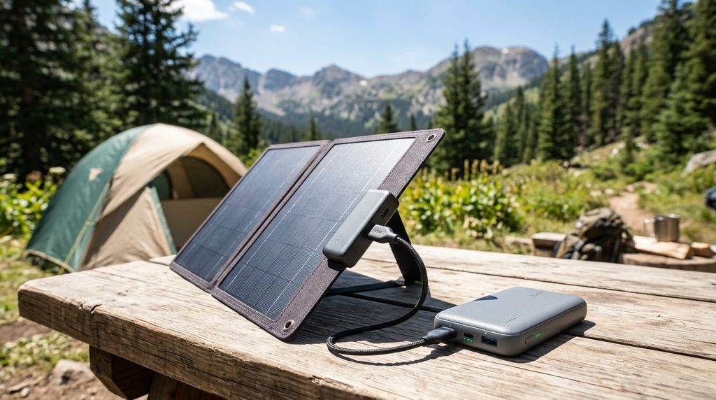 Charging a camping power bank on a small portable solar panel.