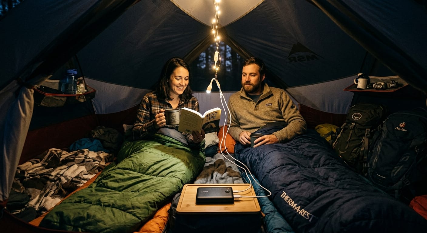 A couple using low-wattage USB camping lights powered by a compact power bank in a tent.