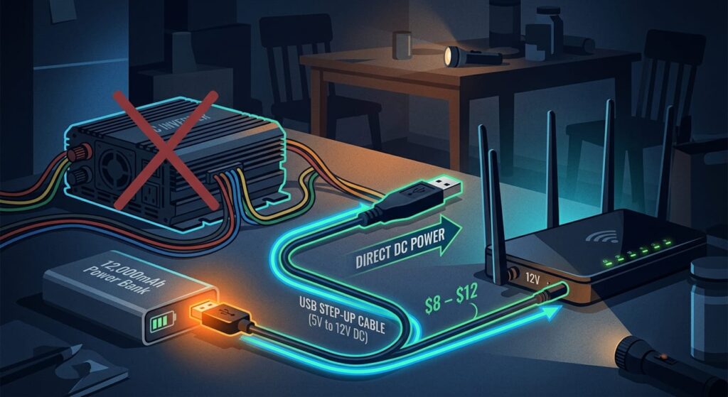 A USB step-up cable connected to a Wi-Fi router, bypassing a large AC inverter, in a dimly lit home emergency setting, emphasizing direct DC power efficiency.