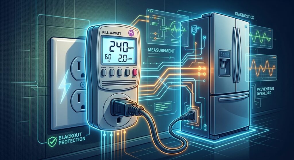 A close-up of a digital power meter's display showing real-time wattage, volts, and amps, used for diagnosing appliance power consumption in an emergency.