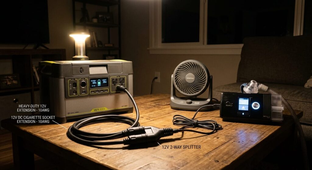 A heavy-duty 12V cigarette socket extension cable and a splitter connected to a portable power station, powering a 12V camping fan and a CPAP machine in a home setting during a blackout, emphasizing durability and direct DC power.