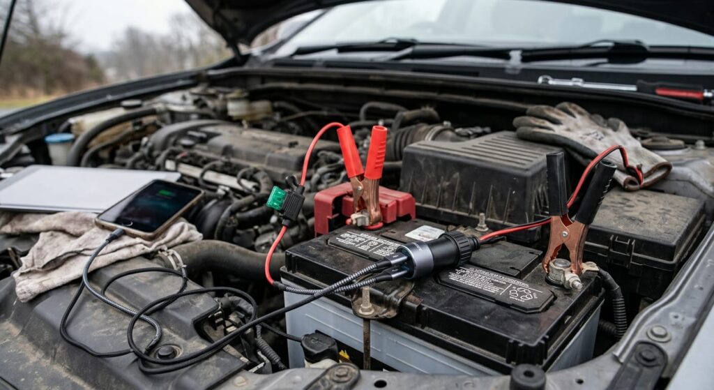 A fused alligator clip to 12V cigarette socket harness connected to a car battery, with a 12V multi-port USB-C car charger plugged into it, demonstrating tapping into alternative power reserves for charging during an emergency.