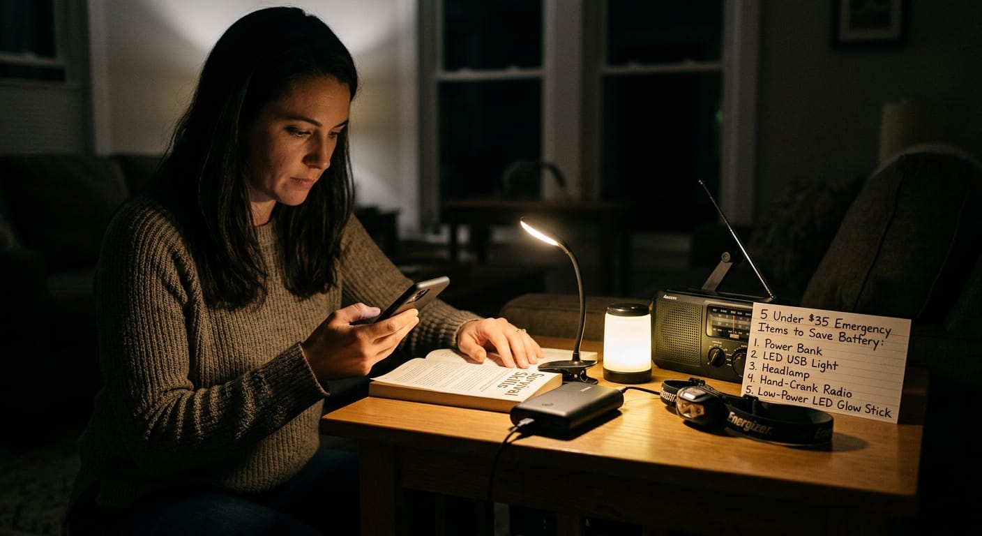 A woman uses a smartphone and reads a book by the light of an LED lamp and a power bank during a realistic power outage scenario, highlighting efficient emergency lighting and device charging.