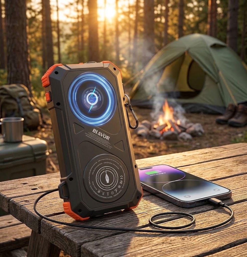 Blavor Rugged IP67 Bank with LED Floodlight charging a phone at camp.