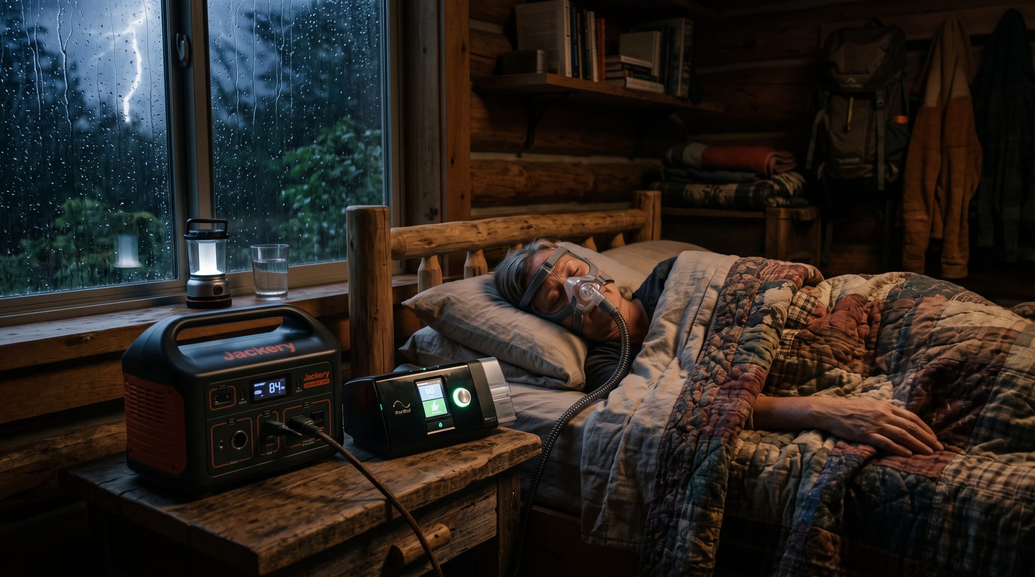 A person sleeps soundly with a CPAP machine powered by a portable station in a dimly lit room, illustrating off-grid survival during a storm.