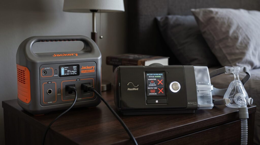 A CPAP machine is shown with its heated humidifier and heated tube functions clearly turned OFF, next to a portable power station, emphasizing battery conservation.