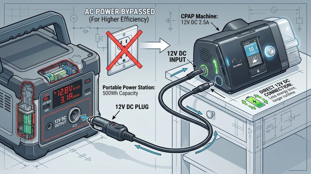 A CPAP machine is powered directly from a portable power station via a 12V DC converter cable, bypassing a standard AC wall plug to highlight energy efficiency.