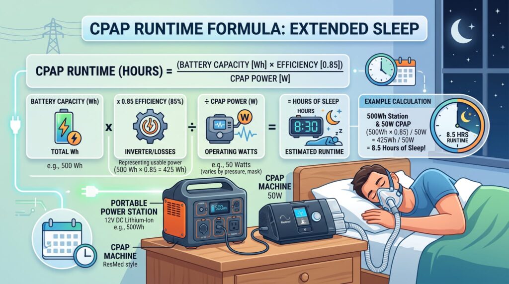 An infographic graphic displays the CPAP runtime formula: 'Battery Capacity x 0.85 / CPAP Watts = Hours of Sleep', with a clock and calendar icon indicating extended runtime.