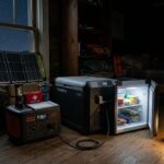 A 12V portable fridge running on solar power with a portable power station during a blackout, showcasing an off-grid emergency setup for food preservation and reliable power in a dimly lit room.