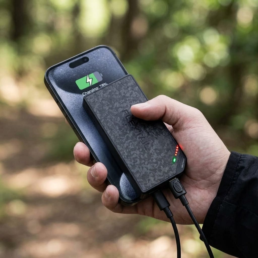 Charging a phone with the Flextail Zero Power Bank.