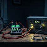 Portable power station running 12V DC accessories and smart battery charger during a blackout