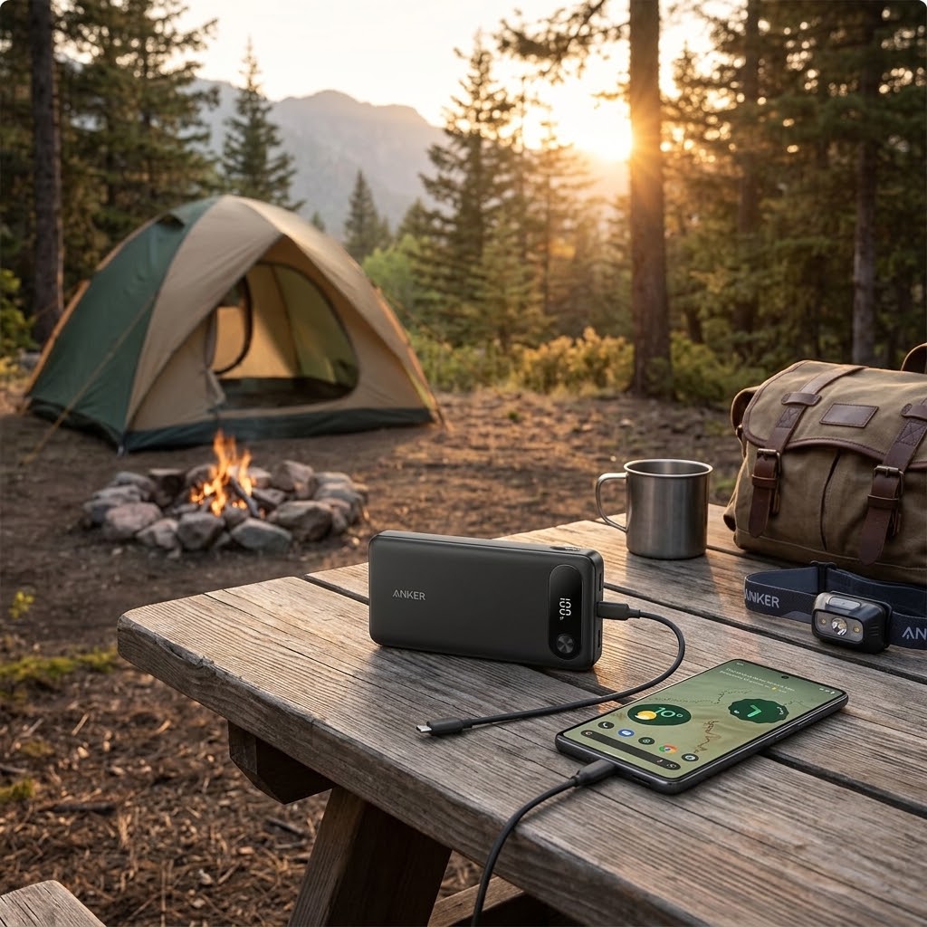 Anker Power Bank 20,000 mAh in a camping site.