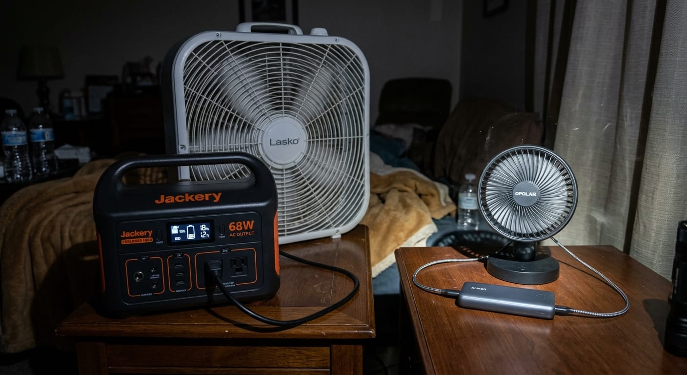 During a blackout, a large AC box fan struggles while plugged into a portable power station, indicating high drain, contrasted with a small, efficient 5V USB fan powered by a compact power bank, showing sustainable cooling.