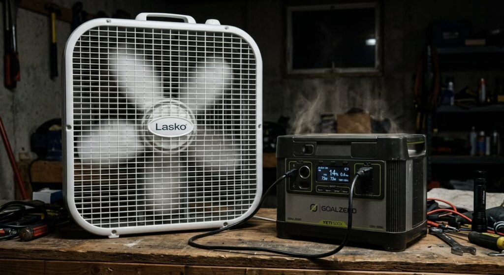 Close-up of a large 120V AC box fan plugged into a portable power station, with the power station's display showing high watt draw and low battery, illustrating the inefficiency of AC inversion during a blackout.