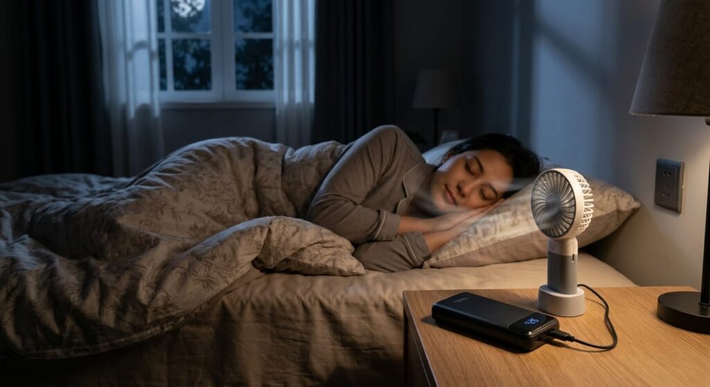 A person sleeps peacefully in bed, being cooled by a small 5V USB personal fan powered by a compact power bank, demonstrating efficient and comfortable cooling during a blackout.