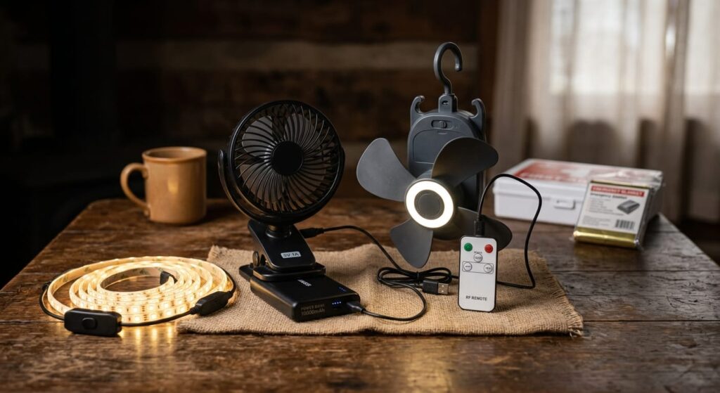 A still-life arrangement of essential low-draw 5V DC blackout kit tools: a portable USB hanging tent fan with remote, a USB clip-on desk fan, and a flexible USB LED strip light, highlighting their compact and practical design.
