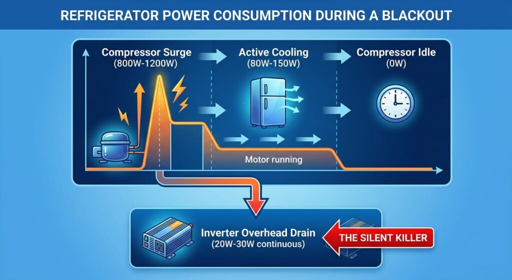 Refrigerator Power Consumption During a Blackout Showing Inverter Overhead Drain as the Silent Killer of Power Station Life.