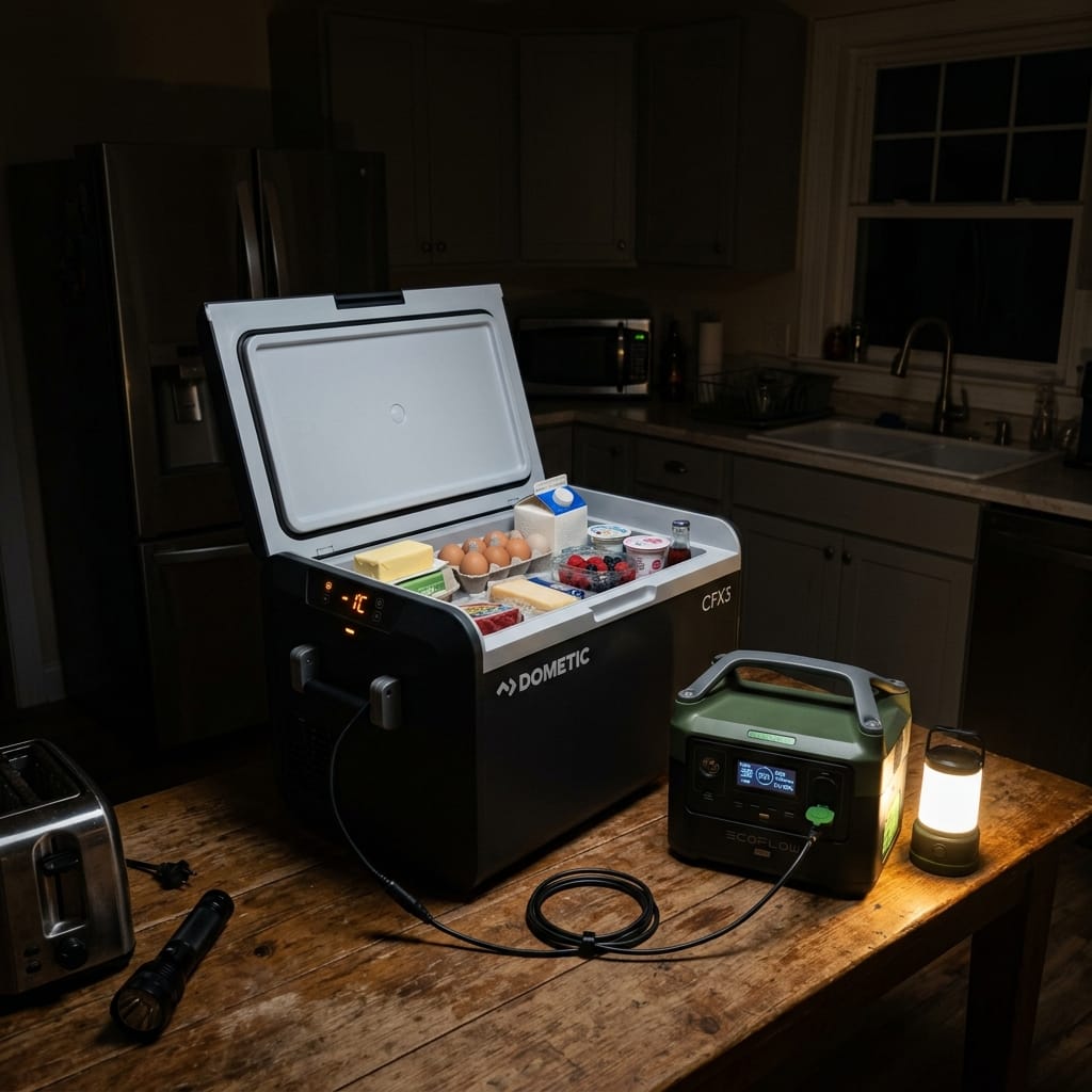 A portable cooler being powered by a power station during a blackout.