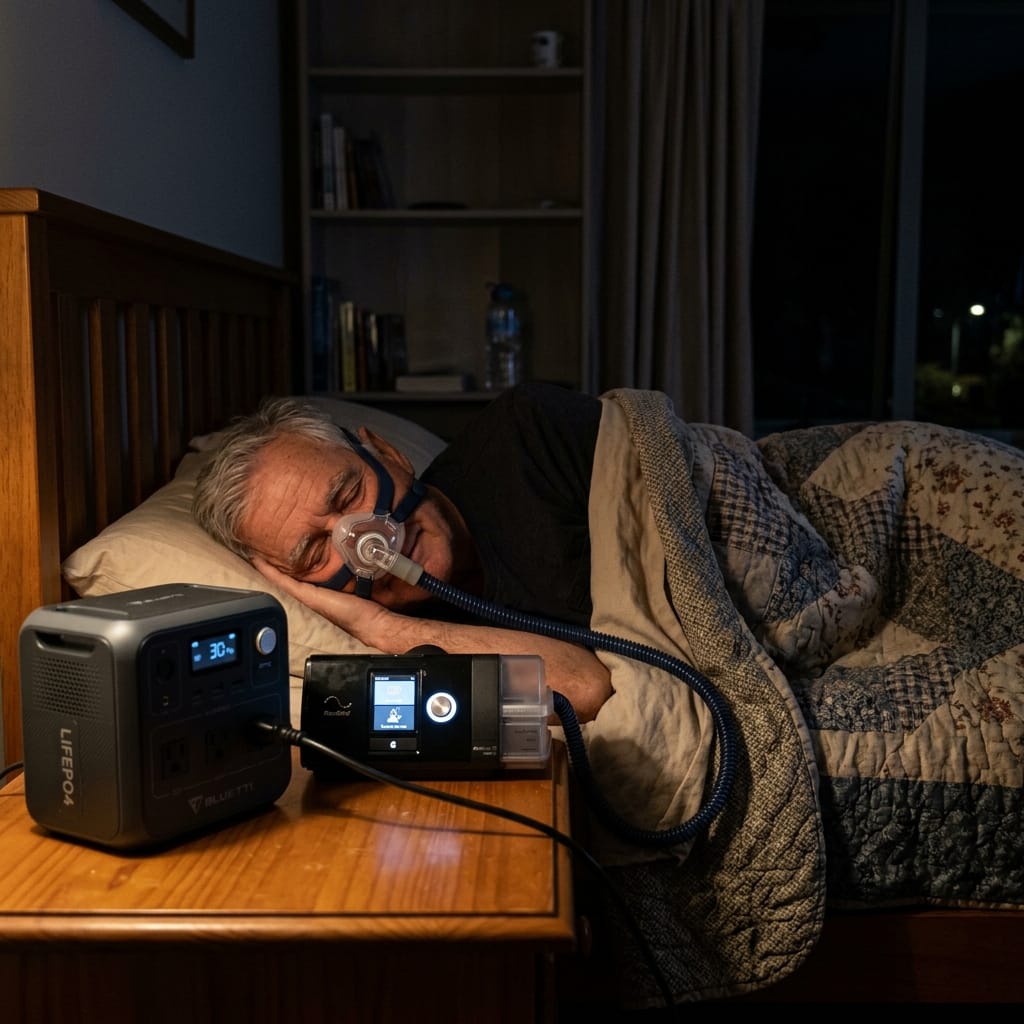 A man powering his CPAP during a blackout using a 12V adapter with his power station.