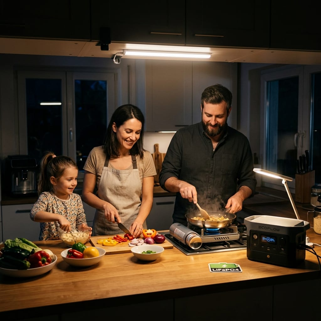 A family cooking dinner during a blackout.