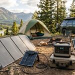 Large portal solar panel charging a power station at a car campsite.