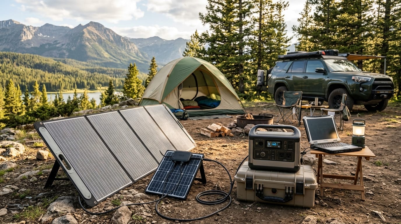 Large portal solar panel charging a power station at a car campsite.