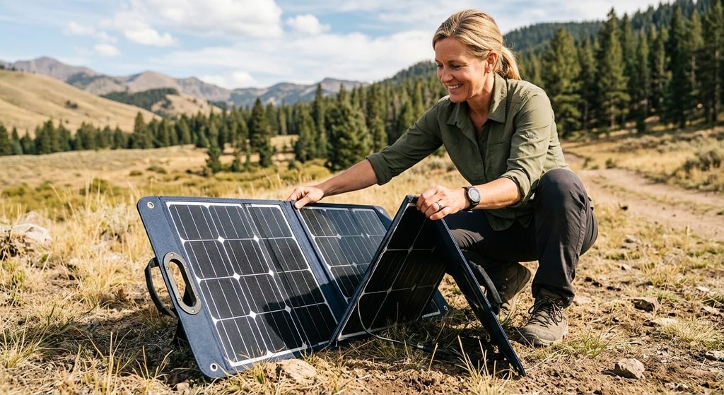 Setting up a large solar panel to charge a large power station at a campsite.