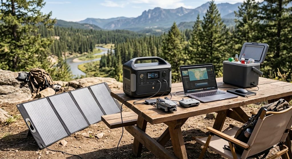 Charging a power station with a solar panel at a campsite.