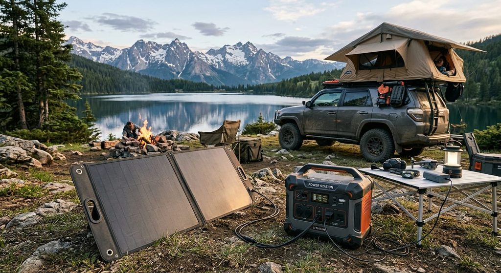 Large solar panel charging a power station at a remote campsite.