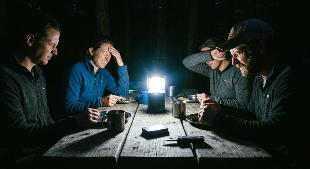 Ordinary camping lanterns cause eye-level glare and useless shadows across your lighted area.