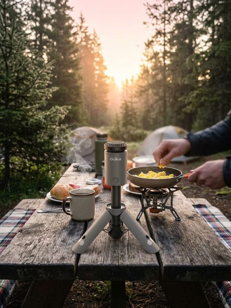Outask Telescopic Camping Light at a camping picnic table.