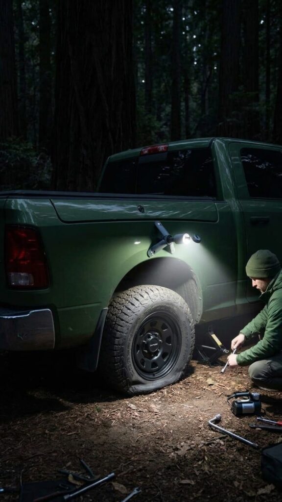 Outask Telescopic Camping Light used to assist in changing a flat tire by being attached to the fender.