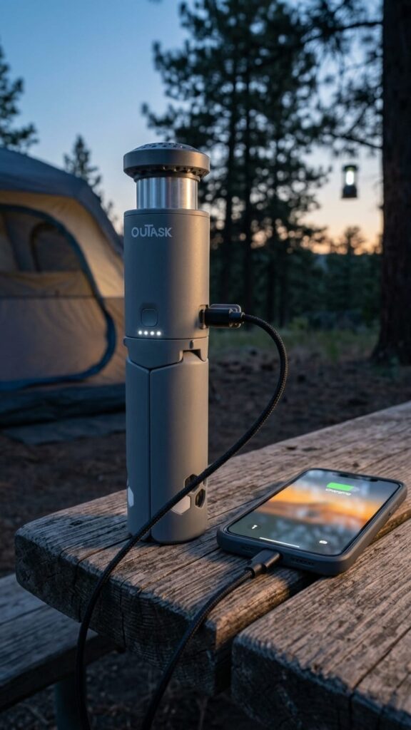 Outask Telescopic Camping Light charging a cellphone with its