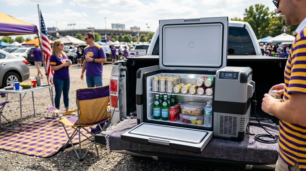 Upgrade to a 12v refrigerator for your tailgate party.