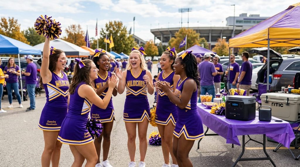 Cheerleaders celebrate your silent power station tailgate party.